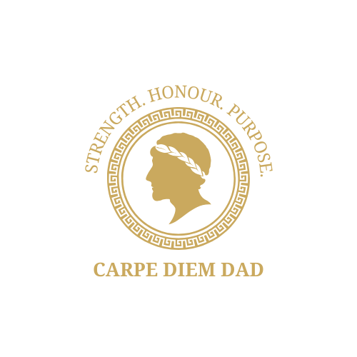 Carpe Diem Dad logo featuring a gold laurel-crowned profile of a man inside a Greek key-patterned circle, with the words 'Strength. Honour. Purpose.' above and 'Carpe Diem Dad' below, symbolizing resilience, masculinity, and leadership.