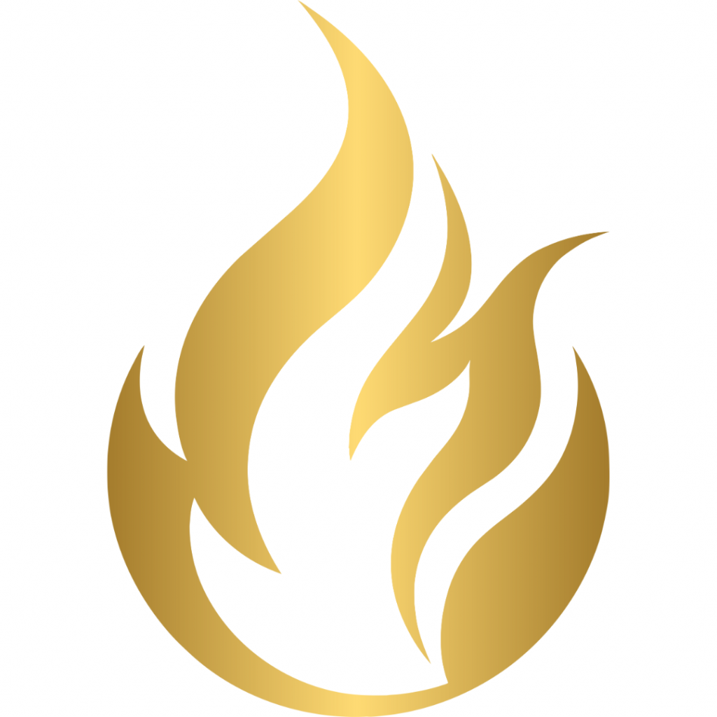 Gold abstract flame icon on white background.